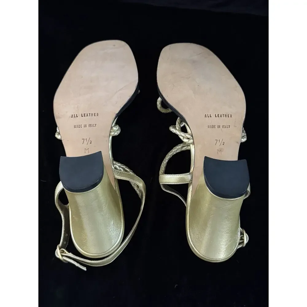 Yves Saint Laurent Braided Leather Gold Chunky Heel Open Toe Sandal 7.5 - Picture 5 of 11